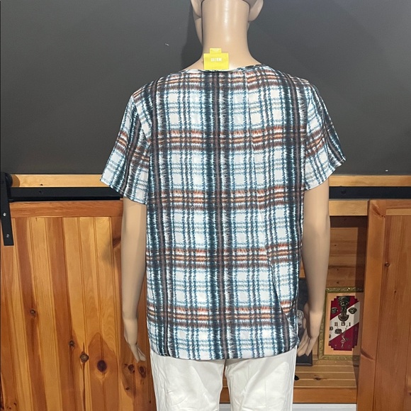 Maeve Multicolor Plaid Short Sleeve Blouse with Open Back - Picture 8 of 8